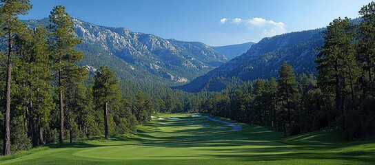 Scenic mountain golf course with lush green fairways and towering pines under a clear blue sky.