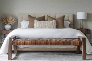 Modern Bedroom with Leather Bench - Cozy and Stylish Design