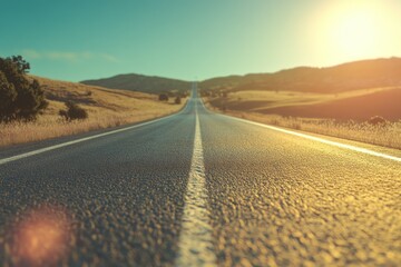 Naklejka premium Endless road under bright sun in vast landscape. AI image