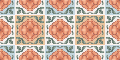 Ornate floral seamless pattern featuring vibrant flowers and lush leaves, ideal for fabric design and home decor applications