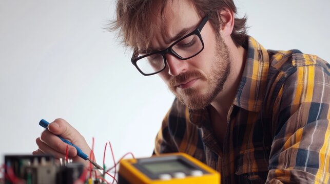 An American electrician testing circuits with a multimeter, focused and professional, isolated on white,