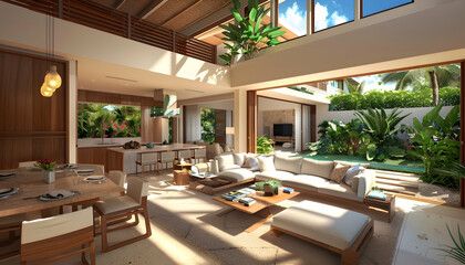Fototapeta premium Sunlit Tropical Modern House 3D Illustration