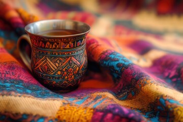 A detailed 4K picture showcasing a mate tea glass with artistic patterns, resting on a colorful woven cloth, symbolizing rich cultural heritage