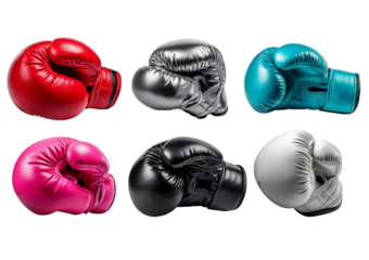 A set of boxing gloves in various colors hang from a hook, ready for use, isolated on a transparent or white background.