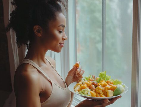 A beautiful fitness woman in beige sports top eats healthy food near window, holding salad and meal with hands close up shot from the side, smiling happy looking at plate full of vegetables