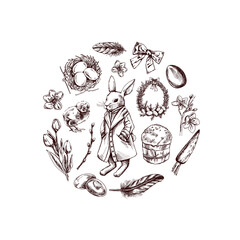Vintage hand drawn Easter composition with bunny, eggs, flowers, and festive elements in sketch style