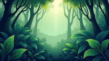 Misty Green Forest: A Serene Jungle Illustration