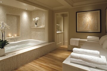 Fototapeta premium Luxurious spa room with a large bathtub, elegant decor, and relaxing atmosphere during the evening