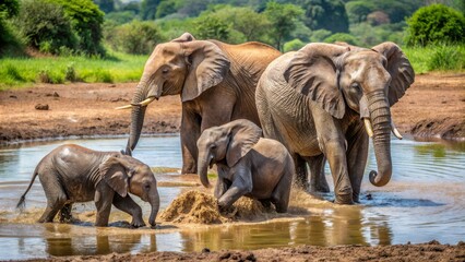 Fototapeta premium Family of Elephants Bathing Together in Natural Habitat