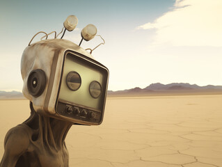 A humanoid creature with an old radio head and screen eyes, walking through a glass desert,...