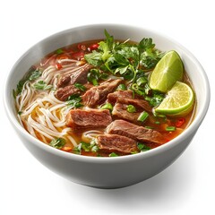 Exquisite bowl of pho noodle soup with tender beef and fresh herbs