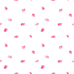 Cute rose petals fluttering, cherry blossom or pink lotus petal. Watercolor digital illustration. Spring fragrant falling flowers isolated on white background. Seamless pattern