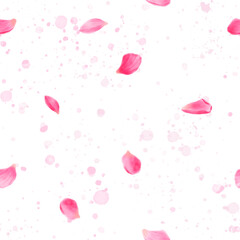 Fluttering rose or lotus petals and cherry blossom. Watercolor digital illustration. Spring delicate splashes and drops isolated on white background. Seamless pattern for birthday and Valentine's Day