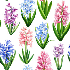 colorful hyacinths watercolor floral seamless pattern spring flowers, botanical illustration for fabric, textile, design