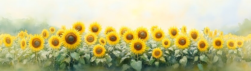 Fototapeta premium Golden Sunflowers in a Watercolor Dream: A Serene Summer Field