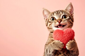 Obraz premium Promotion pattern. Cute ocicat baby cat with fluffy red heart - emblem of love, funny greeting card. Ocicat - my treasured cat. Cute kitten valentine gift. Valentine's photo ideas. Cute pet.