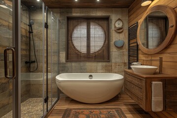 Elegant modern bathroom design featuring a freestanding tub and rustic wooden elements in a cozy atmosphere