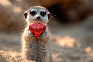 Ad campaign animal conceptual art. Meerkat - my treasured animal. Cute meerkat baby with sparkling rhinestones red heart on in a natural habitat. Valentine's day nature art. Loving animals.