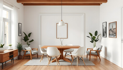 Fototapeta premium Modern home living room interior with chairs and eating table, mockup frame, craft clay. with white shades