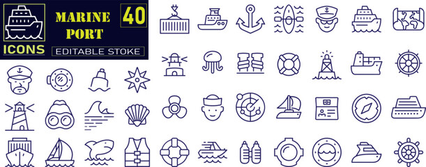 Set of outline icons related to marine port. port, ship, boat, harbor, crane, pier, wharf, logistic, captain, shipyard, Editable stroke.