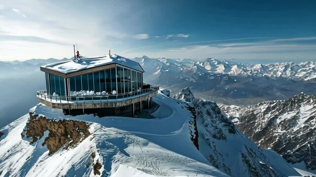 A mountain top covered in snow with a building in the distance. The building is a lodge and the mountain is a ski resort