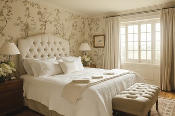 Fototapeta premium Cozy bedroom with classic floral decor and natural light in a serene setting for relaxing moments