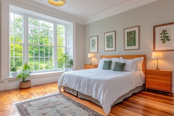 Fototapeta premium Bright and airy bedroom with large window and elegant decor in a peaceful setting