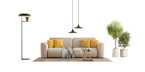 Front view sofa and plant in a living room on transparent background- 3D rendering