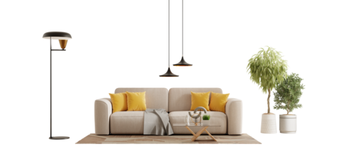 Front view sofa and plant in a living room on transparent background- 3D rendering