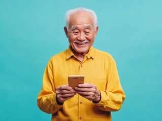 Happy Elderly Man in Yellow Short-Sleeve Shirt Using Smartphone on Blue Background