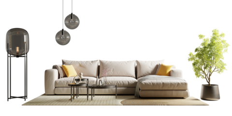 Front view sofa and plant in a living room on transparent background- 3D rendering