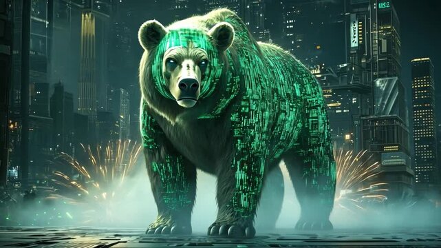 The Tech Titan: A majestic bear composed of digital components stands prominently against a futuristic cityscape, it embodies the convergence of nature and technology.