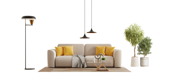 Front view sofa and plant in a living room on transparent background- 3D rendering