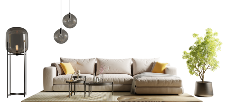 Front view sofa and plant in a living room on transparent background- 3D rendering