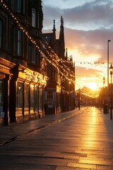 Fototapeta premium City street glows at sunset with string lights in Europe for travel adverts