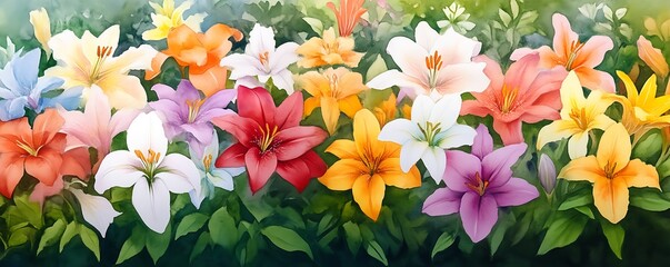 Obraz premium Watercolor Garden: A Symphony of Lilies in Full Bloom