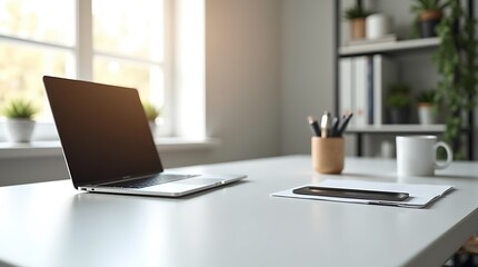 Fototapeta premium Modern Workspace Minimalist Home Office Setup Laptop