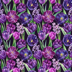 watercolor botanical pattern with tulips and hyacinths, purple flowers seamless design for fabric, wallpaper, art print