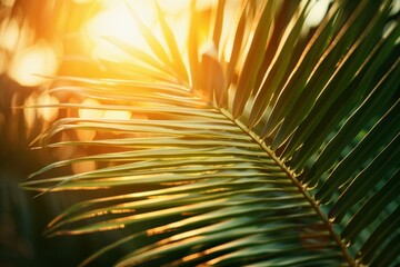 Obraz premium Sunlit palm leaves with warm sunset glow. AI image