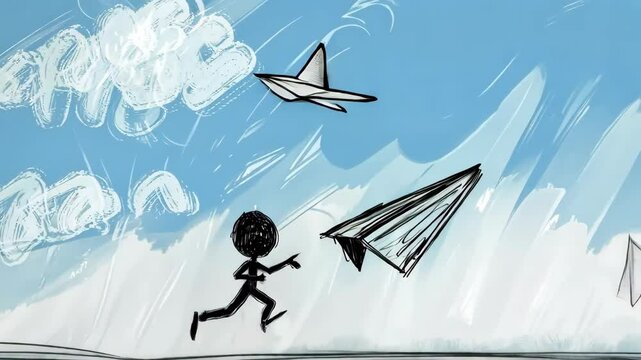 A man is running in the water with a kite in his hand. The kite is flying high in the sky