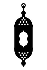 Moroccan candlestick. Silhouette. Vector illustration. An elongated hanging lantern with a patterned window. The dark lamp is decorated with rhombus pyramids to diffuse light. 