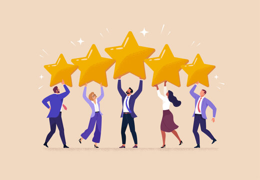 Employee Satisfaction Concept. Vector cartoon illustration in flat style of five diverse business people holding big golden stars. Isolated on background.