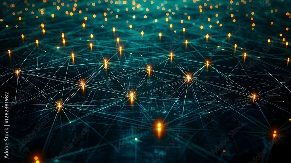 Poster aerial view of futuristic digital currency network with glowing interconnected nodes representing th