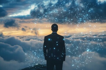 A businessman with global API connections in the field of digital networks and cloud data analytics, business strategy and innovation, customer engagement, technology and global integration.