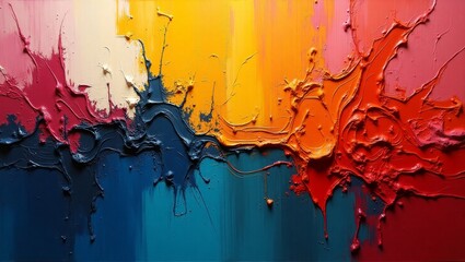 A highly textured impasto artwork featuring thick, heavy strokes in warm tones of yellow, orange, and red hues