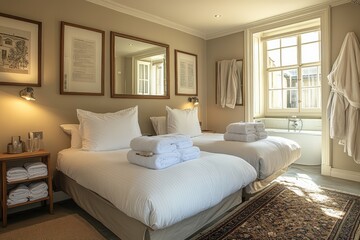 Fototapeta premium Cozy and elegant hotel room with twin beds and natural light in a serene location