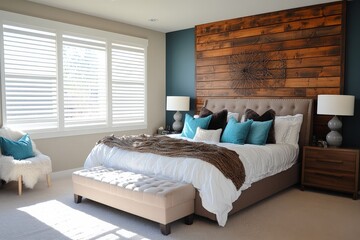 Obraz premium Cozy and modern bedroom design featuring wooden accent wall and stylish decor
