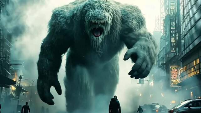 A giant monster is walking down a street with a man in a coat and a woman in a black coat