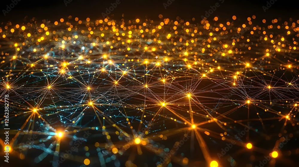 Poster a top down visualization of a complex digital money network with interconnected nodes high tech line