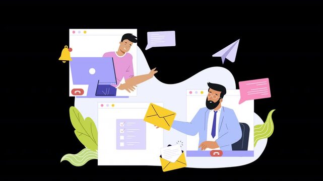 Flat vector design animation illustrating email services, where characters use various email features like inbox organization, message drafting, and communication tools in a professional context.
